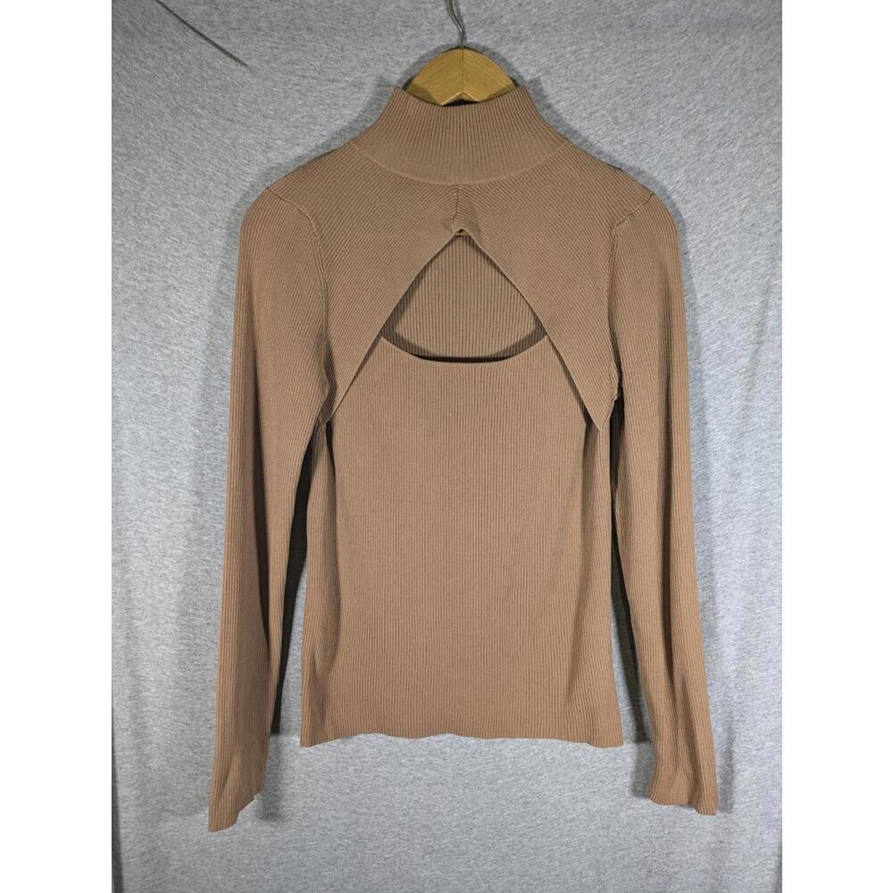 Elie‎ Tahari Sweater Womens Large Mock Neck Cutout Rib Knit Neutral Minimalist
